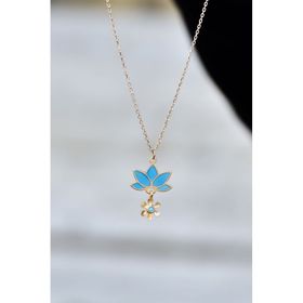 Papatya Silver 925 Ayar Gold Kaplama Parlayan Rüya Serisi Tasarım Ebruli Cam Boyalı Lotus Kadın Gümüş Kolye
