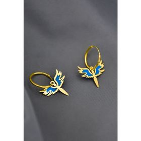 Papatya Silver 925 Ayar Gold Kaplama Parlayan Rüya Serisi Tasarım Ebruli Mavi Cam Boya Mikail Meleği Gümüş Kadın Küpe