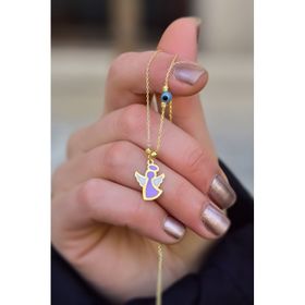 Papatya Silver 925 Ayar Gold Kaplama Parlayan Rüya Serisi Tasarım Gözlü Lila Ebruli Cam Boyalı Melek Kadın Gümüş Kolye