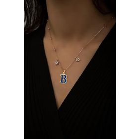 Papatya Silver 925 Ayar Gold Kaplama Parlayan Rüya Serisi Tasarım Lacivert Ebruli Cam Boyalı Harf Şans Kadın Gümüş Kolye