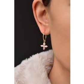 Papatya Silver 925 Ayar Gold Kaplama Pembe Zirkon Taşlı Plumeria Halka Kadın Gümüş Küpe