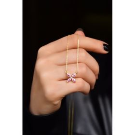 Papatya Silver 925 Ayar Gold Kaplama Pembe Zirkon Taşlı Plumeria Kadın Gümüş Kolye