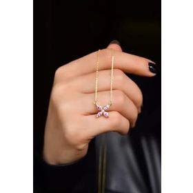 Papatya Silver 925 Ayar Gold Kaplama Pembe Zirkon Taşlı Plumeria Kadın Gümüş Kolye