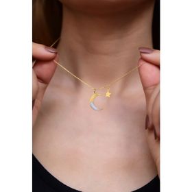 Papatya Silver 925 Ayar Gold Kaplama Sedef Mineli Hilal Yıldız Halka Kadın Gümüş Kolye