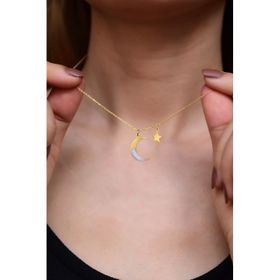 Papatya Silver 925 Ayar Gold Kaplama Sedef Mineli Hilal Yıldız Halka Kadın Gümüş Kolye