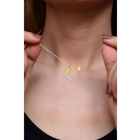 Papatya Silver 925 Ayar Gold Kaplama Sedef Mineli Hilal Yıldız Halka Kadın Gümüş Kolye