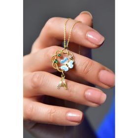 Papatya Silver 925 Ayar Gold Kaplama Tasarım Harf Sallantılı Mineli Frezya Çiçeği Kadın Gümüş Kolye