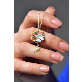 Papatya Silver 925 Ayar Gold Kaplama Tasarım Harf Sallantılı Mineli Frezya Çiçeği Kadın Gümüş Kolye