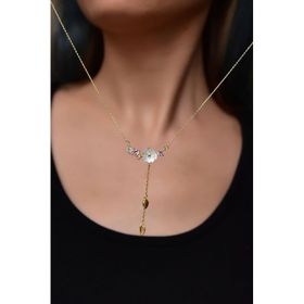 Papatya Silver 925 Ayar Gold Kaplama Tasarım Zincir Sallantılı Taşlı Sedef Manolya Çiçeği Kadın Gümüş Kolye
