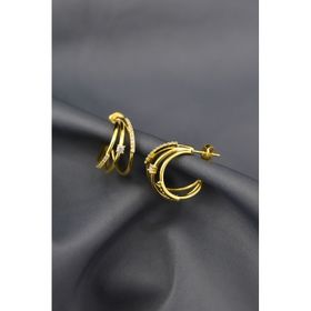 Papatya Silver 925 Ayar Gold Kaplama Tasarım Zirkon Taşlı, Üç Sıra Halka Tektaş Gümüş Küpe