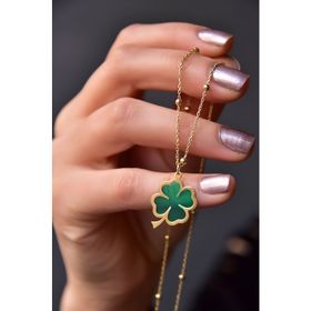 Papatya Silver 925 Ayar Gold Kaplama Top Zincir Parlayan Rüya Serisi Tasarım Ebruli Cam Boyalı Yonca Kadın Gümüş Kolye