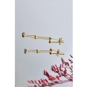 Papatya Silver 925 Ayar Gold Kaplama Top Zincir Sallantılı Nazar Göz Kadın Gümüş Küpe