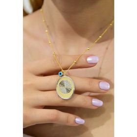 Papatya Silver 925 Ayar Gold Kaplama Toplu Zincir Cam Gözlü Yaşam Çiçeği Plaka Kadın Gümüş Kolye