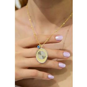 Papatya Silver 925 Ayar Gold Kaplama Toplu Zincir Cam Gözlü Yaşam Çiçeği Plaka Kadın Gümüş Kolye