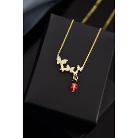 Papatya Silver 925 Ayar Gold Kaplama Uğur Böcekli Kelebek Gümüş Kolye