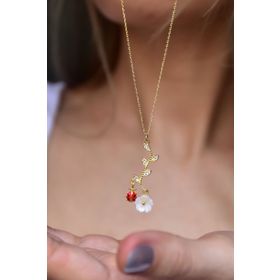 Papatya Silver 925 Ayar Gold Kaplama Uğur Böcekli Manolya Sedef Çiçek Gümüş Kolye