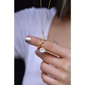 Papatya Silver 925 Ayar Gold Kaplama Uğur Böcekli Manolya Sedef Çiçek Gümüş Kolye