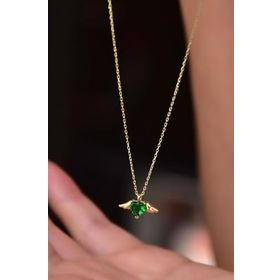 Papatya Silver 925 Ayar Gold Kaplama Yeşim Renkli Kalp Kanat Gümüş Kolye