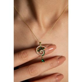 Papatya Silver 925 Ayar Gold Kaplama Yeşim Renkli Spiral Snail Tasarım Kadın Gümüş Kolye