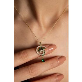 Papatya Silver 925 Ayar Gold Kaplama Yeşim Renkli Spiral Snail Tasarım Kadın Gümüş Kolye