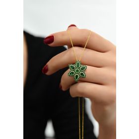 Papatya Silver 925 Ayar Gold Kaplama Yeşim Taşı Damla Lotus Gümüş Kolye