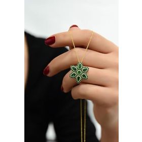 Papatya Silver 925 Ayar Gold Kaplama Yeşim Taşı Damla Lotus Gümüş Kolye