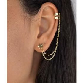 Papatya Silver 925 Ayar Gold Kaplama Zincirli Yıldız Kıkırdak Gümüş Küpe