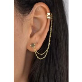 Papatya Silver 925 Ayar Gold Kaplama Zincirli Yıldız Kıkırdak Gümüş Küpe