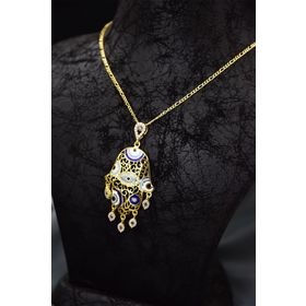 Papatya Silver 925 Ayar Gold Kaplama Zirkon Mor Taşlı Nazar Gözlü Mineli Fatma Eli Gümüş Kolye