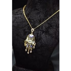 Papatya Silver 925 Ayar Gold Kaplama Zirkon Mor Taşlı Nazar Gözlü Mineli Fatma Eli Gümüş Kolye