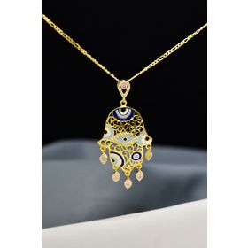 Papatya Silver 925 Ayar Gold Kaplama Zirkon Pembe Taşlı Nazar Gözlü Mineli Fatma Eli Gümüş Kolye