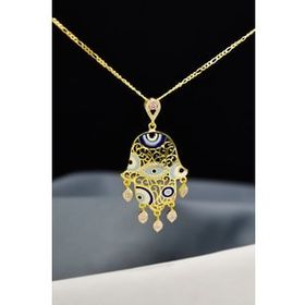 Papatya Silver 925 Ayar Gold Kaplama Zirkon Pembe Taşlı Nazar Gözlü Mineli Fatma Eli Gümüş Kolye