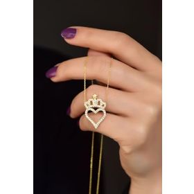 Papatya Silver 925 Ayar Gold Kaplama Zirkon Taşlı Kalpli Kraliçe Tacı Gümüş Kolye