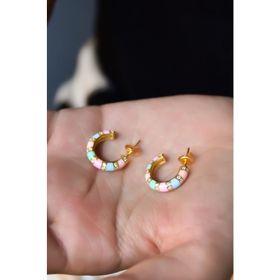 Papatya Silver 925 Ayar Gold Kaplama Zirkon Taşlı Renkli Mineli Halka Gümüş Küpe