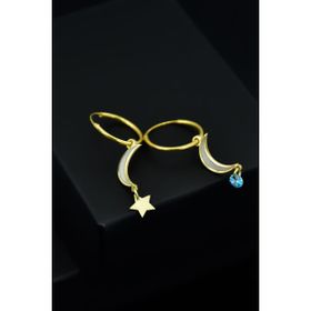Papatya Silver 925 Ayar Gümüş Altın Kaplama Ay Yıldız Halka Ve Ay Taşlı Halka Küpe