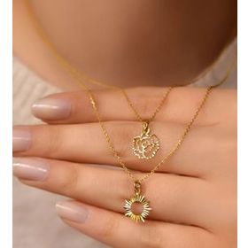 Papatya Silver 925 Ayar Gümüş Altın Kaplama Kristal Kesim Gül ve Güneş Asansörlü Kolye