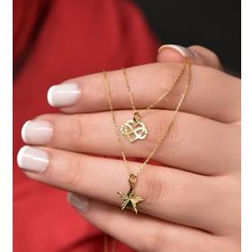 Papatya Silver 925 Ayar Gümüş Altın Kaplama Kristal Kesim Kalp Sonsuzluk ve Yıldız Asansörlü Kolye