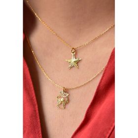 Papatya Silver 925 Ayar Gümüş Altın Kaplama Kristal Kesim Yıldız ve Prenses Asansörlü Kolye