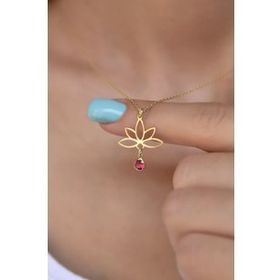 Papatya Silver 925 Ayar Gümüş Altın Kaplama Lotus Temmuz Ayı Doğum Taşı Kolye