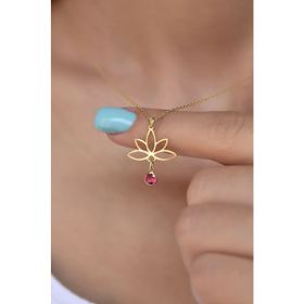 Papatya Silver 925 Ayar Gümüş Altın Kaplama Lotus Temmuz Ayı Doğum Taşı Kolye