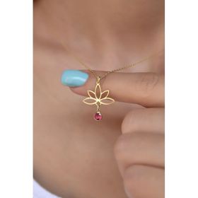 Papatya Silver 925 Ayar Gümüş Altın Kaplama Lotus Temmuz Ayı Doğum Taşı Kolye