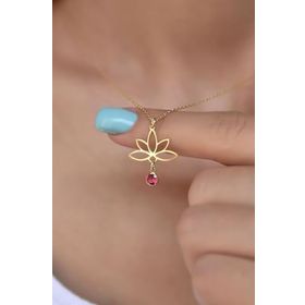 Papatya Silver 925 Ayar Gümüş Altın Kaplama Lotus Temmuz Ayı Doğum Taşı Kolye