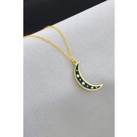 Papatya Silver 925 Ayar Gümüş Altın Kaplama Mavi Mineli Yıldızlı Hilal Kolye