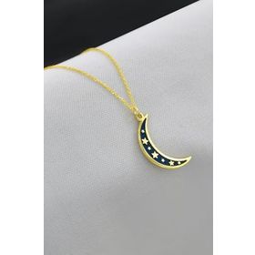 Papatya Silver 925 Ayar Gümüş Altın Kaplama Mavi Mineli Yıldızlı Hilal Kolye