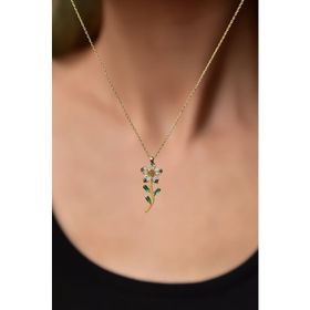 Papatya Silver 925 Ayar Gümüş Altın Kaplama Olive Taşlı Papatya Kolye