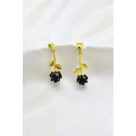 Papatya Silver 925 Ayar Gümüş Altın Kaplama Siyah Gül Model Çivili Kadın Küpe