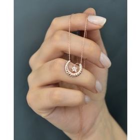 Papatya Silver 925 Ayar Gümüş Beyaz Taşlı Yıldız Detaylı Çizgili Hilal Kolye