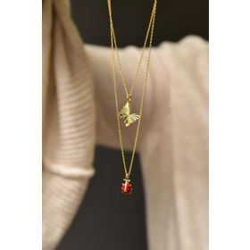 Papatya Silver 925 Ayar Gümüş Gold Kaplama Asansörlü Kristal Kelebek ve Uğur Böceği Kolye
