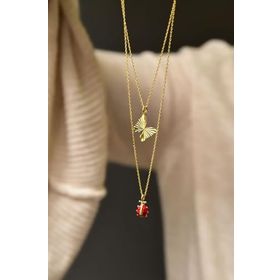 Papatya Silver 925 Ayar Gümüş Gold Kaplama Asansörlü Kristal Kelebek ve Uğur Böceği Kolye