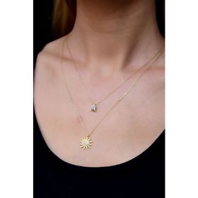 Papatya Silver 925 Ayar Gümüş Gold Kaplama Asansörlü Tek Taş Güneş Kolye